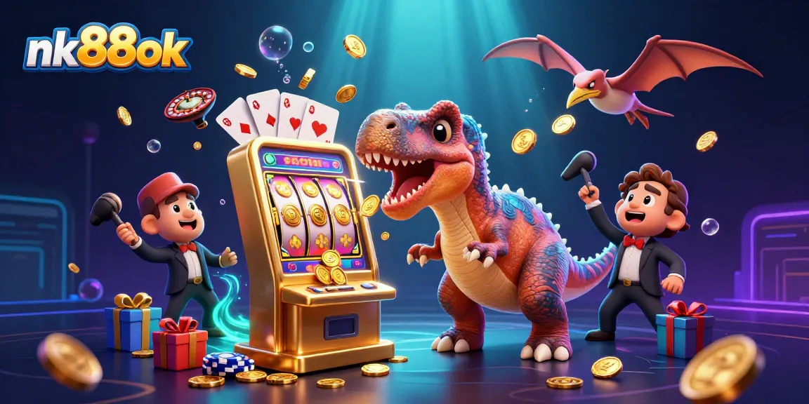nk88ok animated scene with dinosaurs and golden coins from a casino.