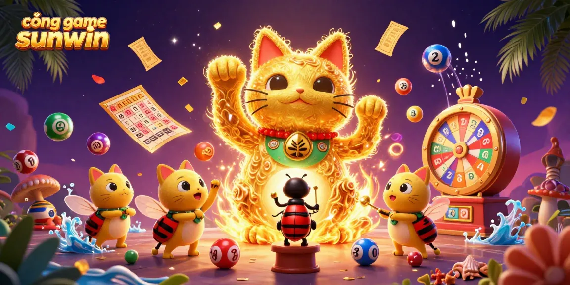 Experience the excitement of cổng game sunwin with a vibrant 3D illustration featuring lucky symbols and dynamic elements.