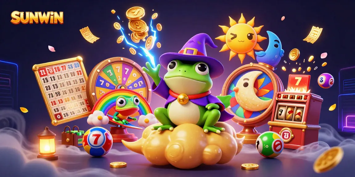 SUNWIN features exciting gaming elements like a wizard frog and chameleon amidst a vibrant casino scene.