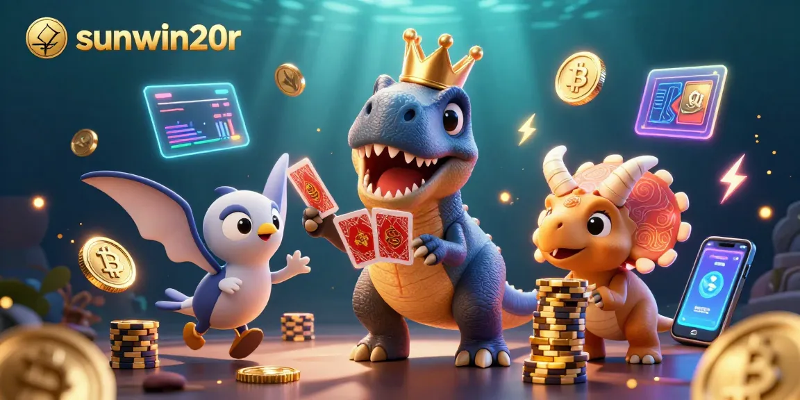 Sunwin20r showcases a vibrant 3D scene with dinosaurs and crypto elements in an engaging casino setting.