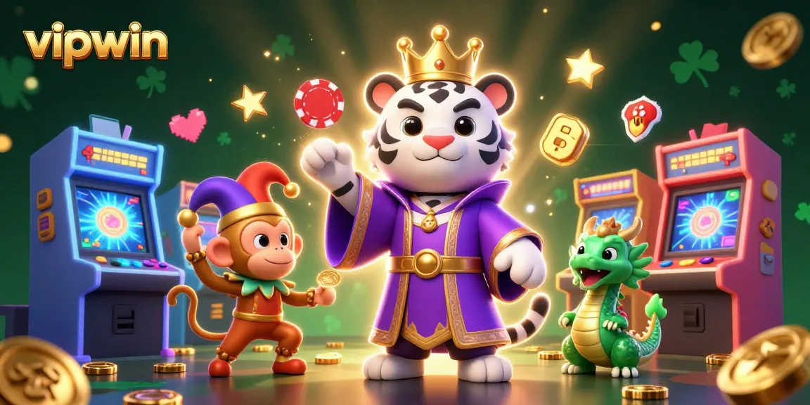 Experience the excitement of vipwin as a royal tiger and jester monkey celebrate with casino-themed elements.